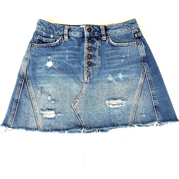 We The Free Breezy A Line Distressed Button Fly Denim Skirt Size 25 - Picture 2 of 9